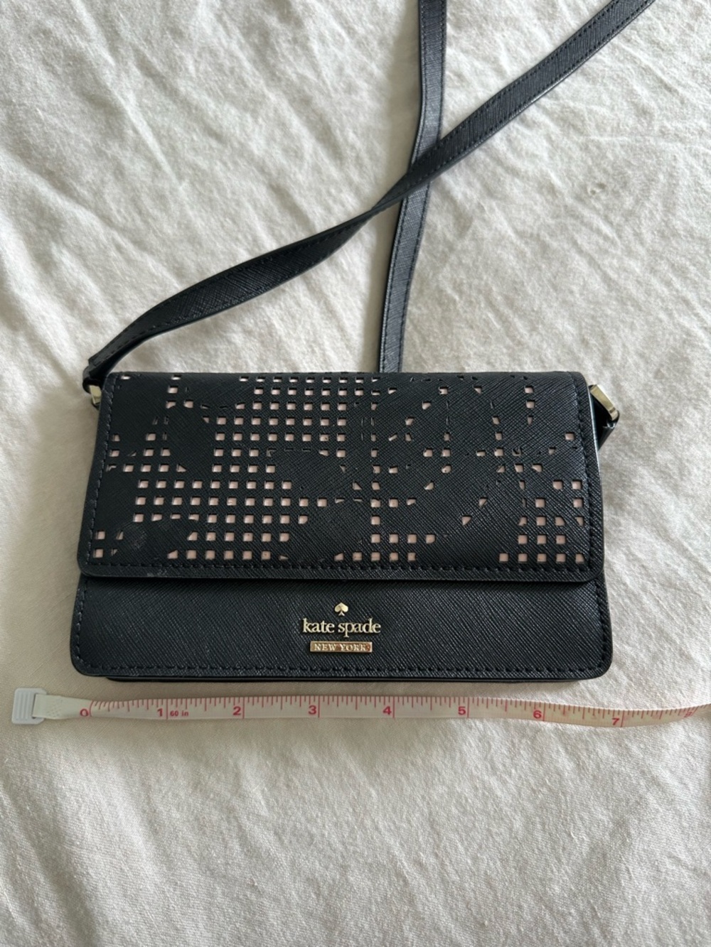 kate spade Black Cutout Saffiano Leather Crossbody with Blush Underlay
